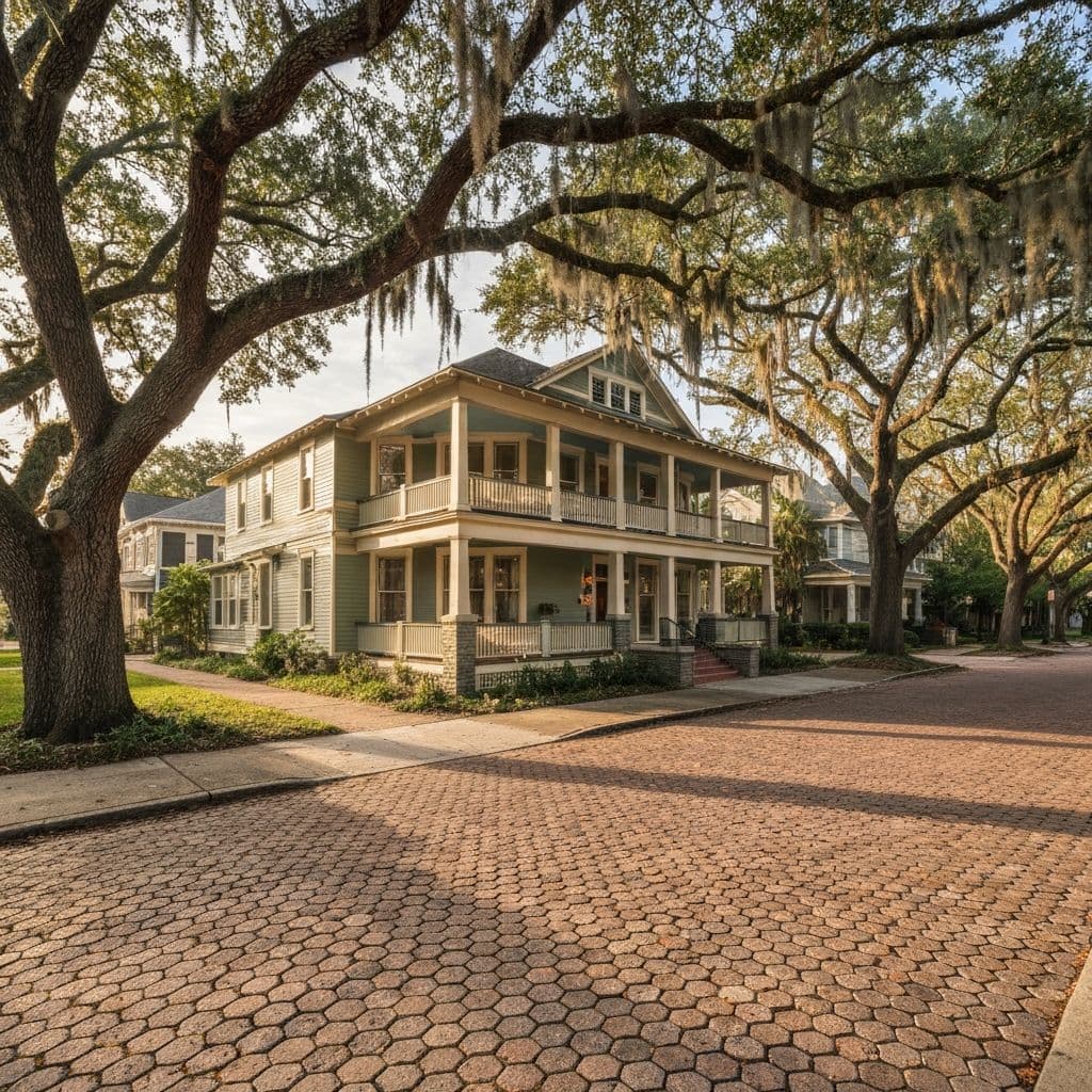 Brick street and historic 1920s craftsman home with a wide front porch in Historic Old Northeast, St. Petersburg